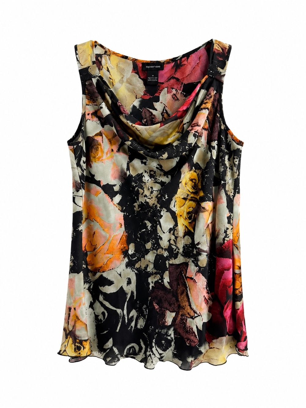 Spense Floral Watercolor Y2K Cowl Neck Sleeveless Top - Black/Multi Size M